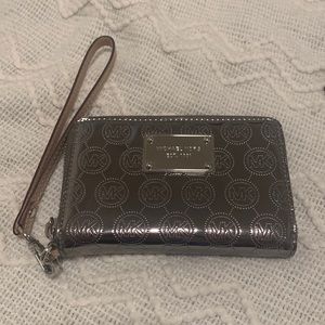 Nickel Monogram Mirror Metallic Continental Zip Around Wallet